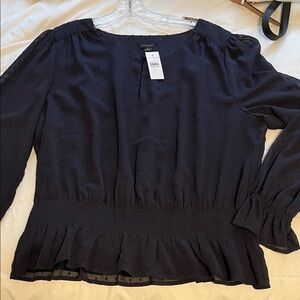 NWT Ann Taylor Navy Smocked Peplum Blouse XL